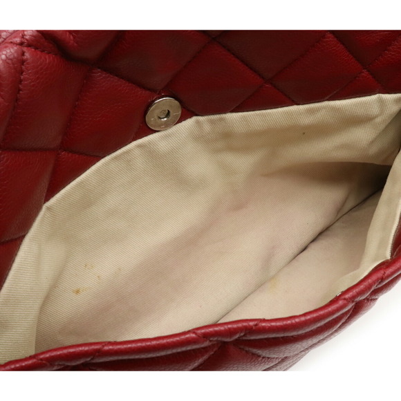 Chanel Matelasse Caviar Skin Here Mark Chain Tote Bag Leather Red Silver - Picture 9 of 9